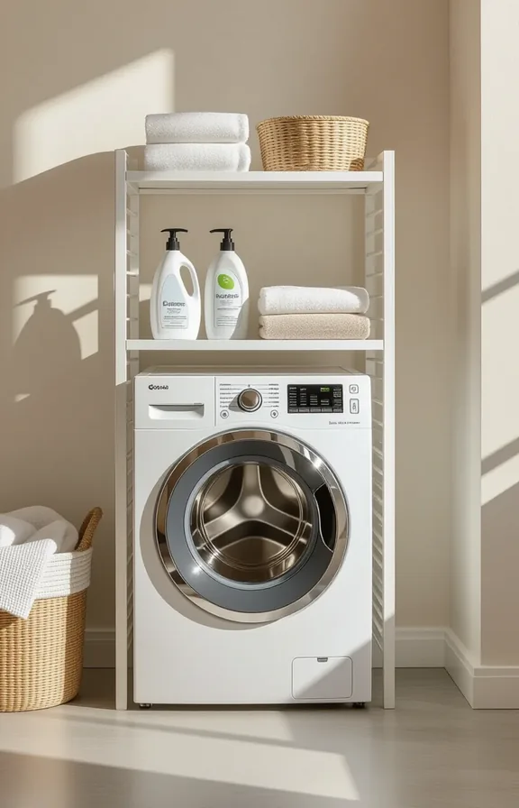 Wide shot eye-level white freestanding shelving unit positioned