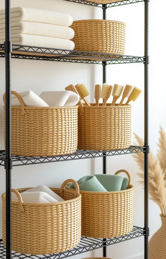 Close medium shot eye-level woven seagrass storage bins