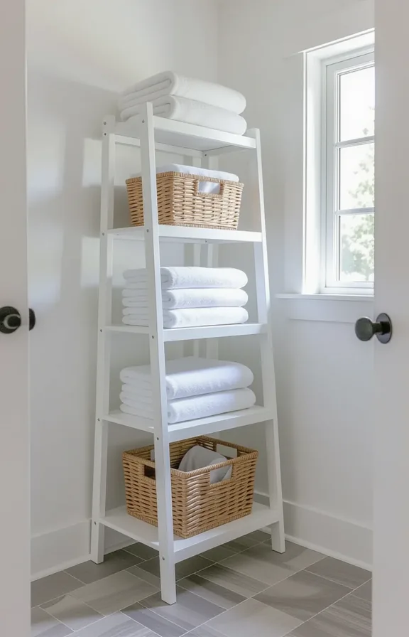 Eye-level view tall narrow freestanding white etagere shelf