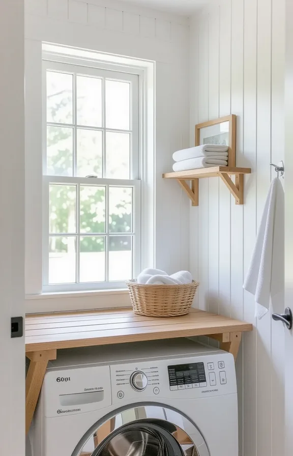 Eye-level view wall-mounted wooden folding table that functions