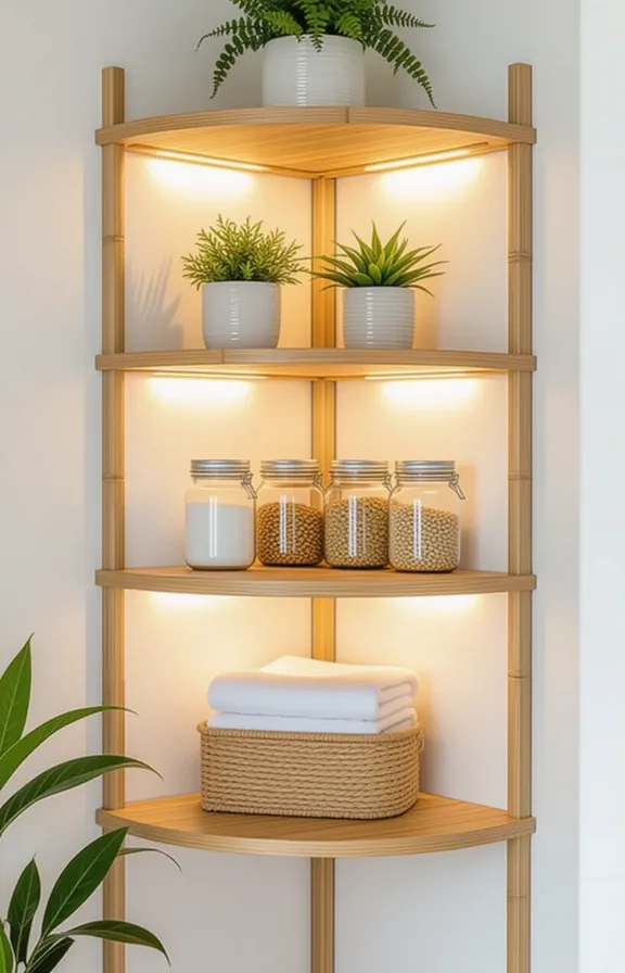 Eye-level view tiered bamboo corner shelf unit fitting
