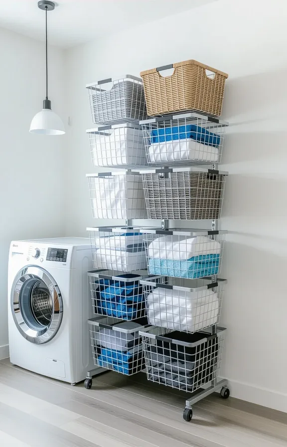 Eye-level view freestanding tower sliding wire baskets for