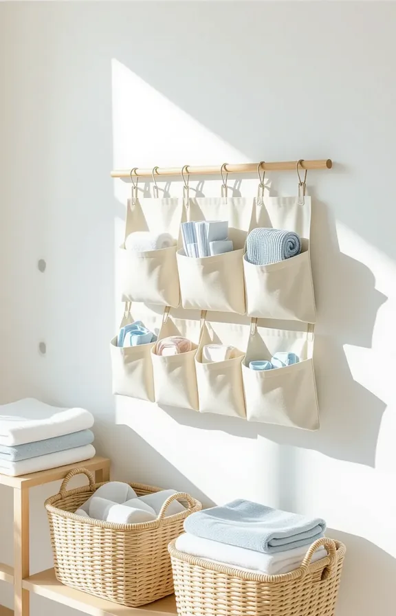 Eye-level view canvas hanging shelf organizer with multiple