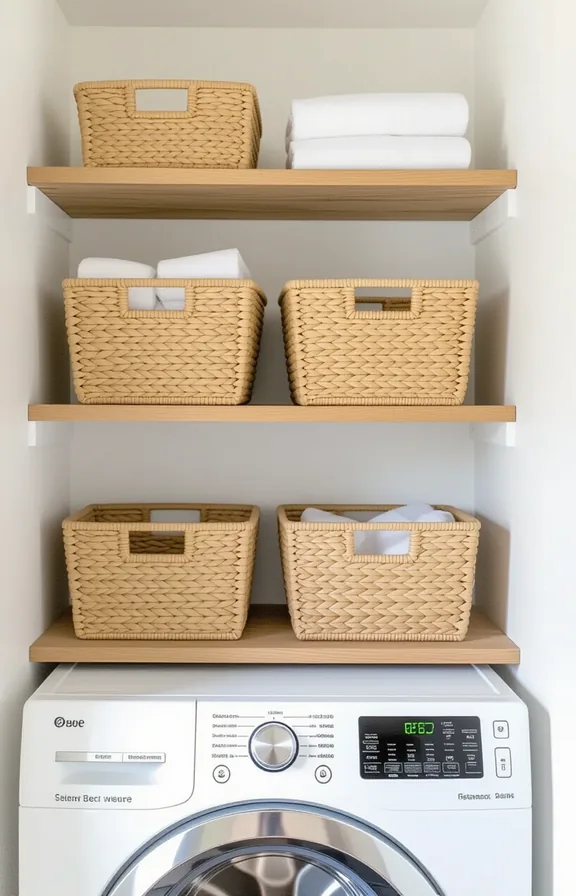 Eye-level view wall-mounted shallow wooden shelf holding three