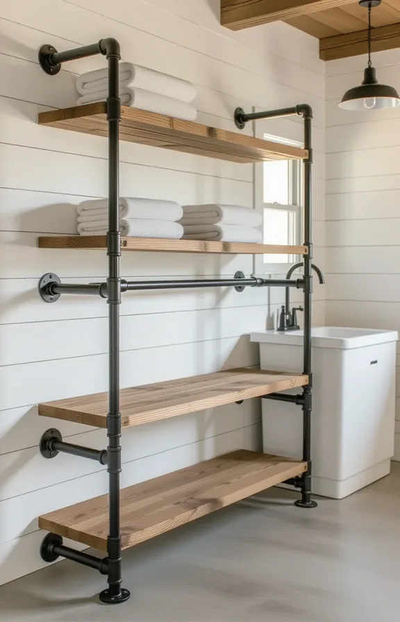 Freestanding black industrial pipe shelf holding glass jars and folded towels in a laundry room