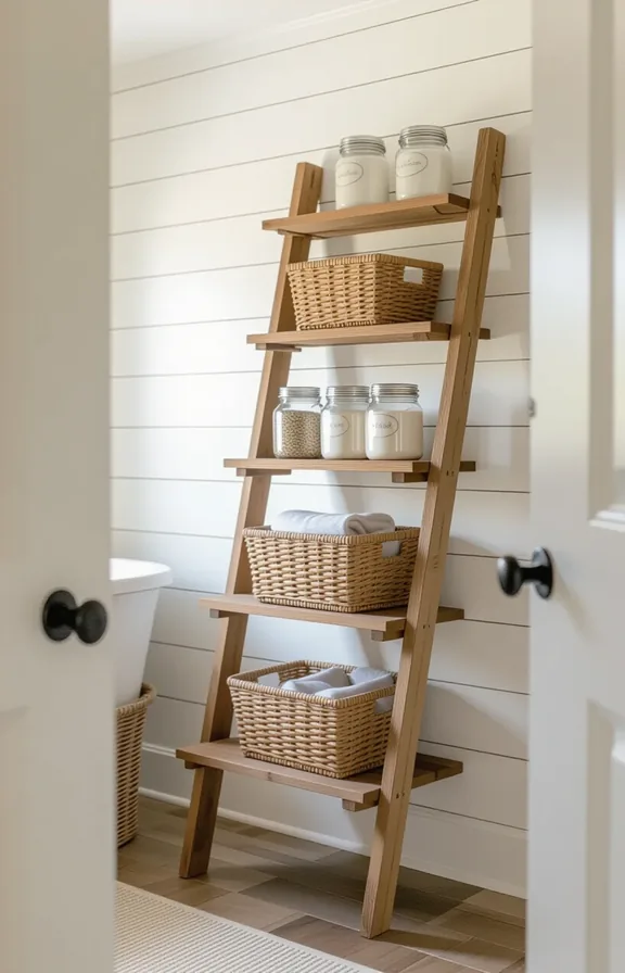 Eye-level view rustic wooden leaning ladder shelf with