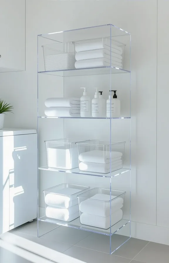 Eye-level view freestanding acrylic shelving unit with clear