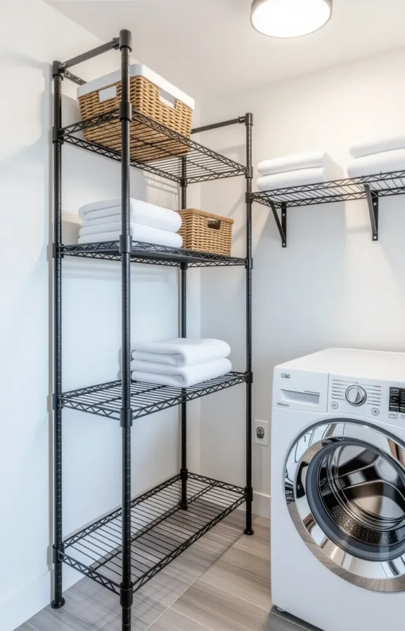 Eye-level view freestanding black steel wire shelving unit