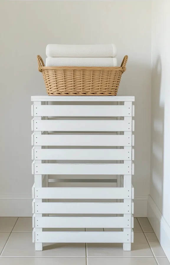 Eye-level view stack three vintage-style whitewashed wooden crates