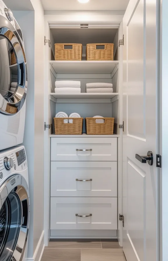 Eye-level view tall very narrow white laminated cabinet