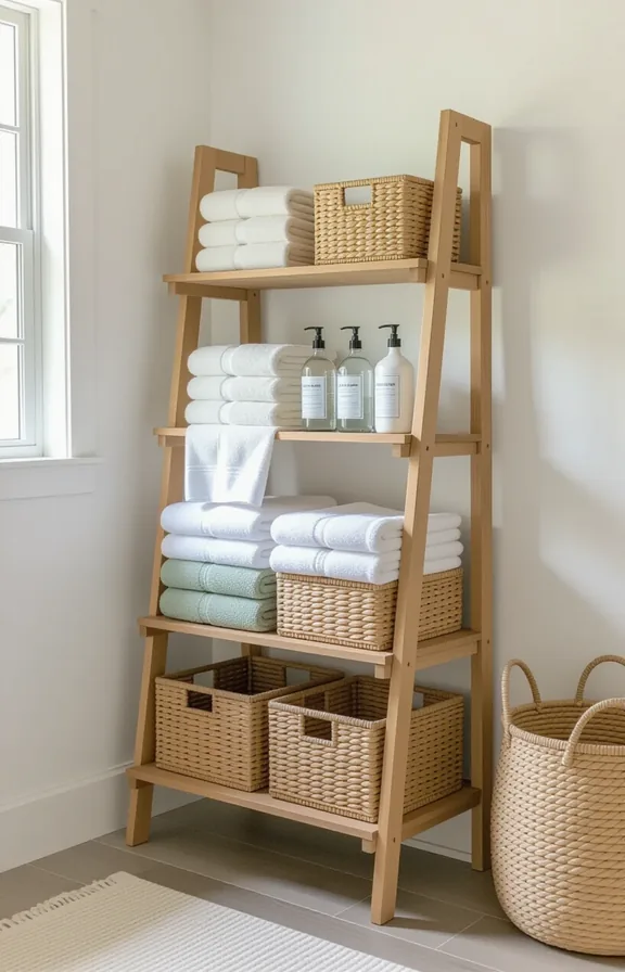 Medium shot small laundry room. tall freestanding wooden
