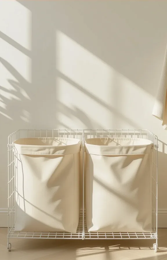 3/4 view laundry sorting station. Two large canvas