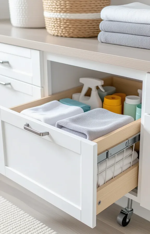 Medium shot low laundry room cabinet. shallow pull-out