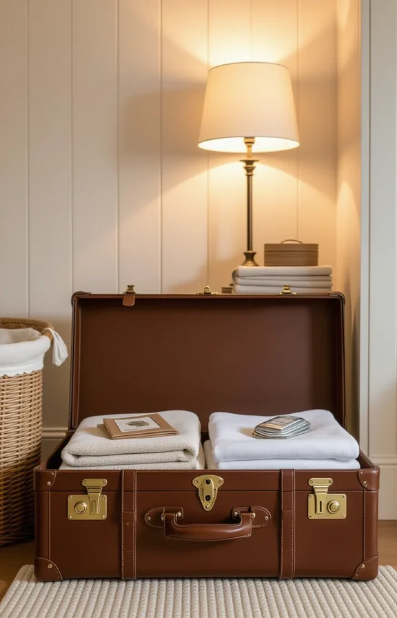 3/4 view styled laundry corner. open vintage leather