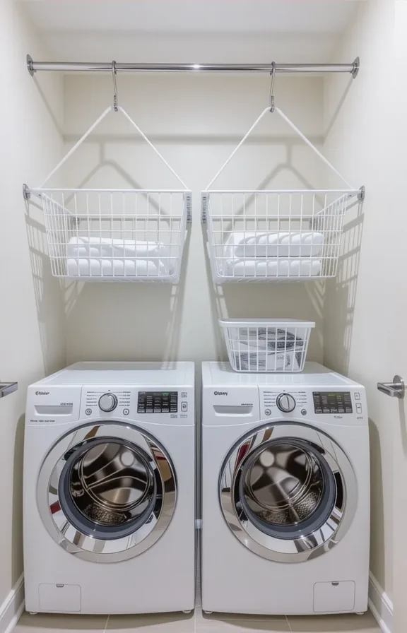 Medium shot small apartment laundry area. White floating baskets with brass hooks hang from a wooden rod near a washer and dryer. One basket holds folded white towels.