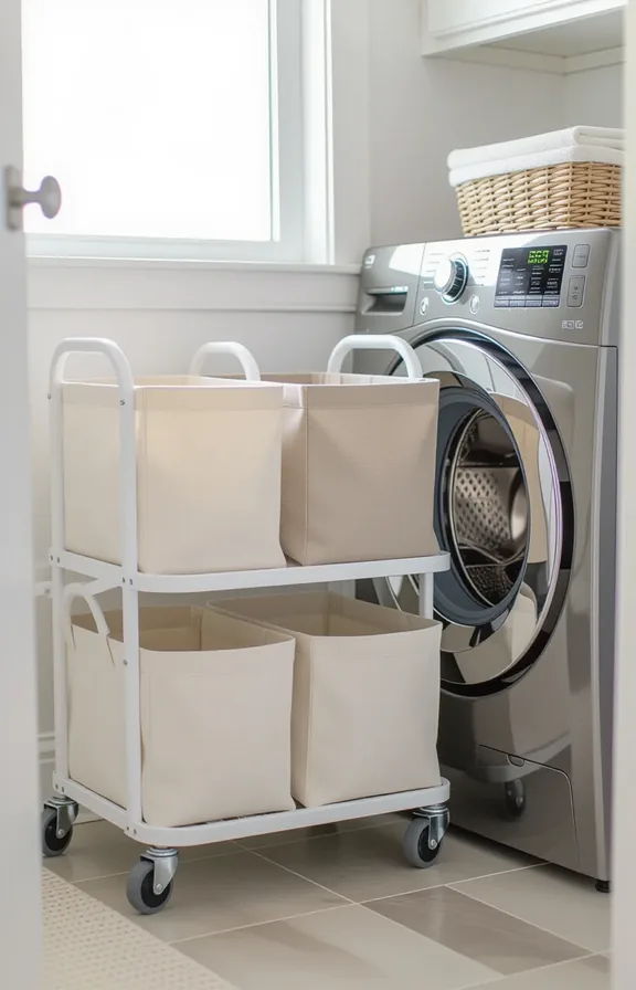 3/4 view compact laundry room. white tiered rolling