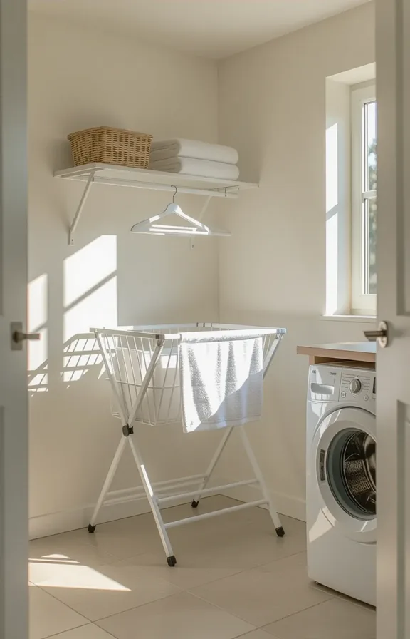 Medium shot laundry room corner. tall white metal