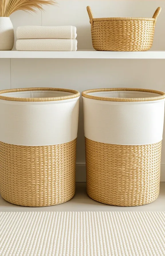 laundry room floor. Two large woven seagrass hampers