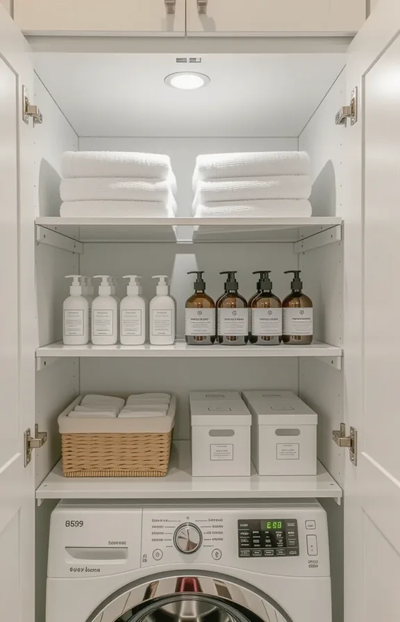 Close medium shot inside laundry room cabinet. Clear acrylic shelf inserts neatly organize laundry supplies on wire shelving.