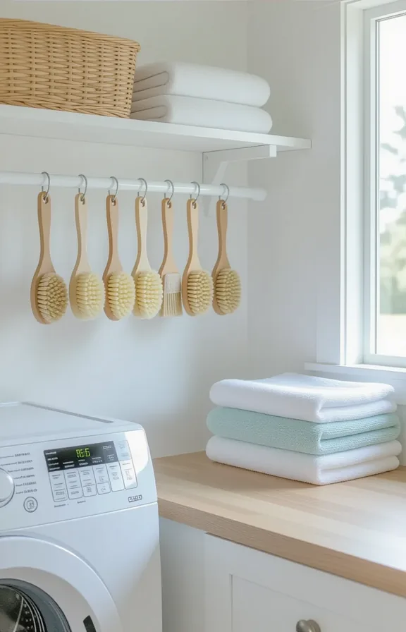 3/4 view laundry room wall. white adhesive peg