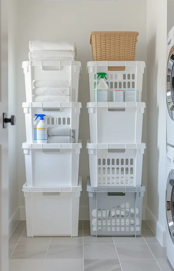 Medium shot floor storage laundry nook. Stacked white