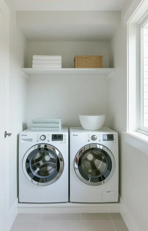 Medium shot eye-level view small laundry nook compact