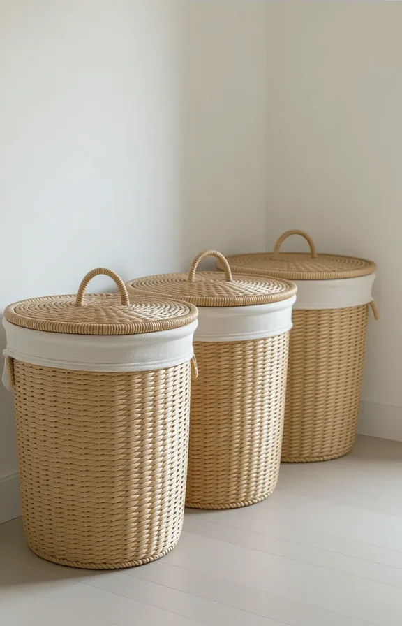 Eye-level view three identical medium-sized woven laundry hampers