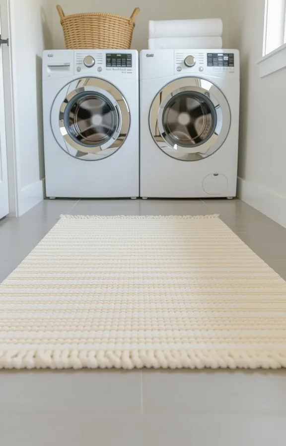 Low-angle shot looking down small flat-weave beige and