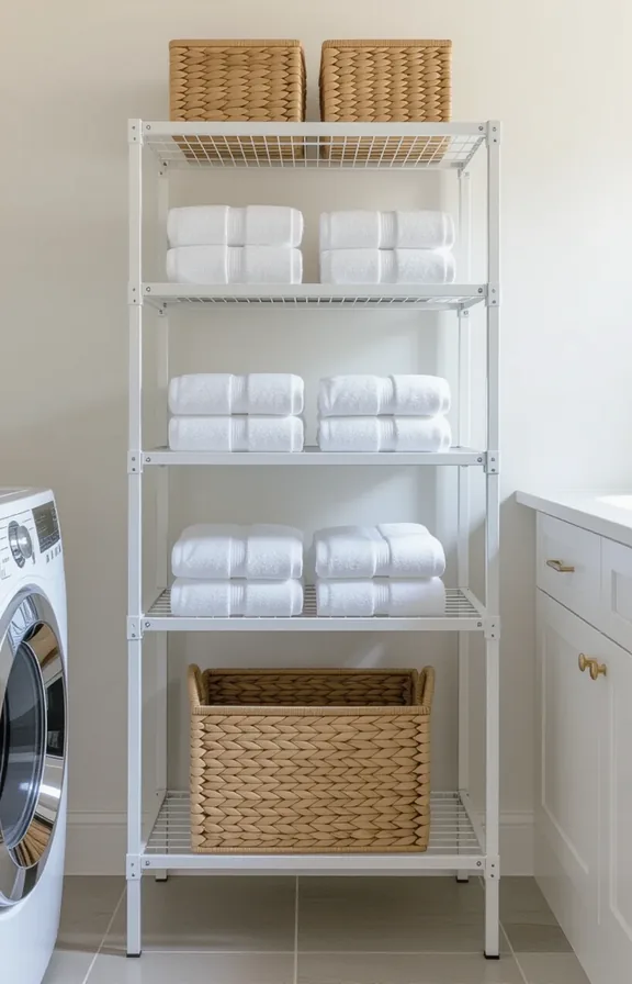 Vertical shot eye-level view freestanding white metal shelving