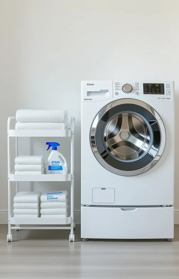 Eye-level view slim white metal rolling caddy placed