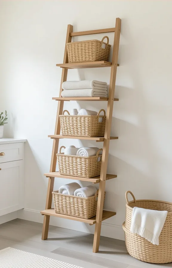 Vertical shot eye-level view tall leaning wooden ladder