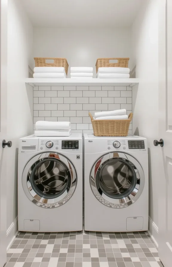 Medium shot 3/4 view small laundry area with