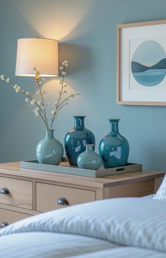 medium shot eye-level view bedroom dresser top. The