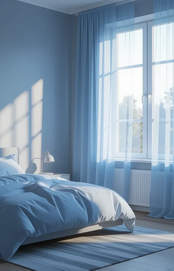medium shot eye-level view bedroom late afternoon. The
