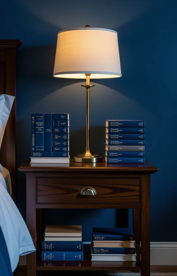 medium shot eye-level view nightstand surface. The wall