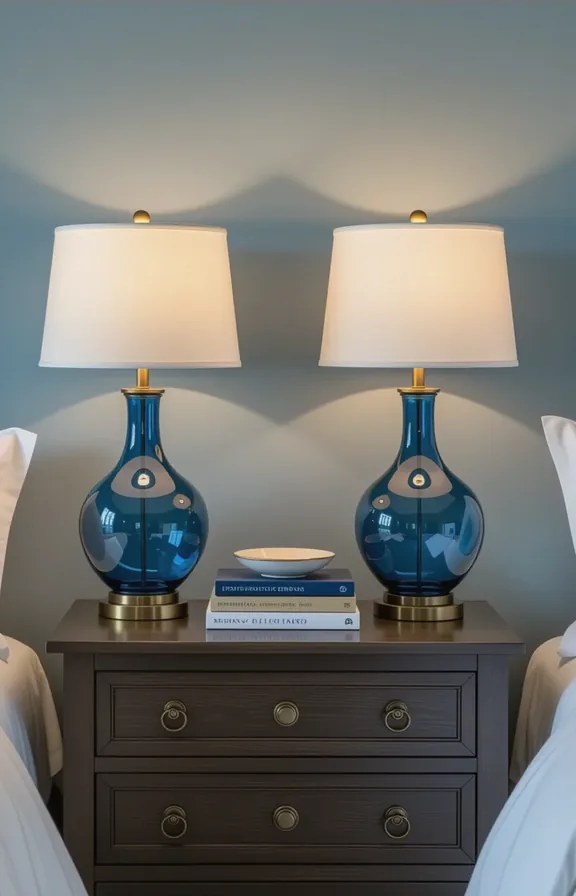 medium shot eye-level view bedroom nightstand. The wall