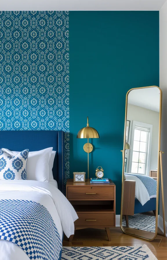 medium shot eye-level view bedroom wall beside bed.