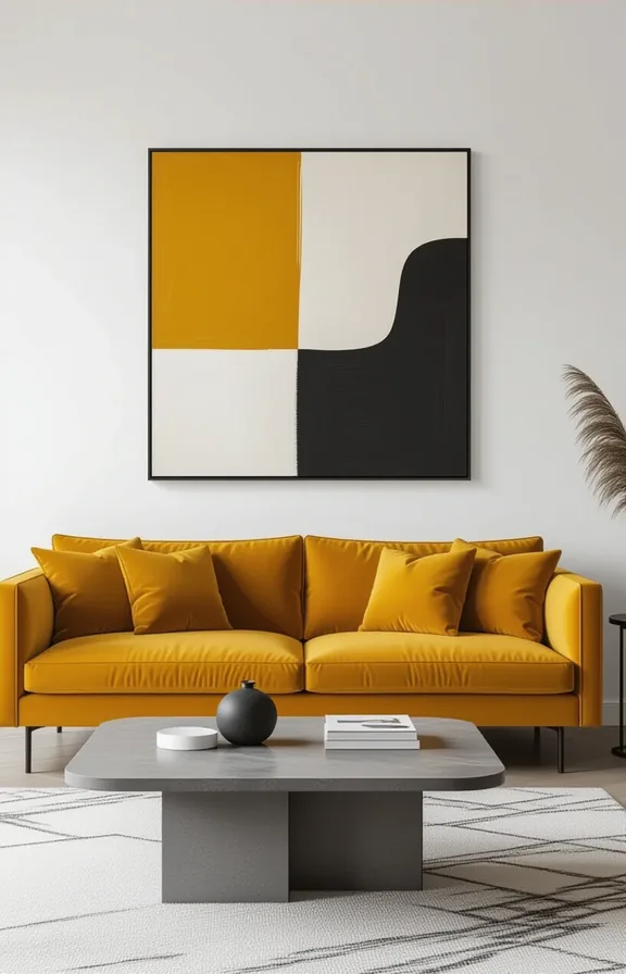 Medium shot sleek low-profile mustard velvet sofa against