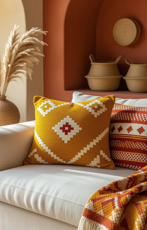 Medium shot mustard kilim pillow neutral sofa living