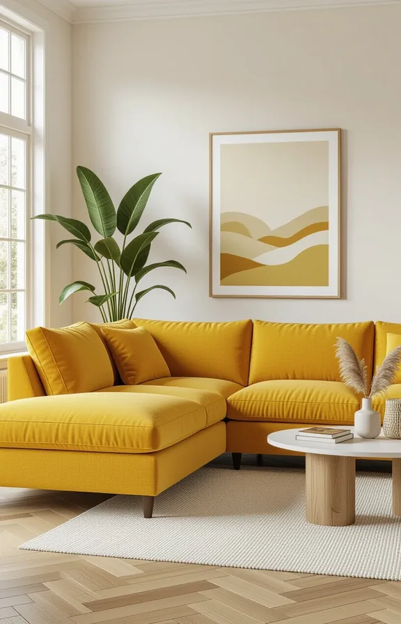 Medium shot large mustard chenille sectional sofa open-plan
