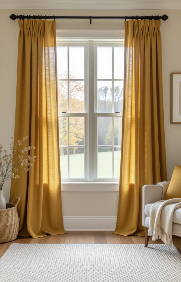 Medium shot floor-length mustard slubbed linen curtains framing