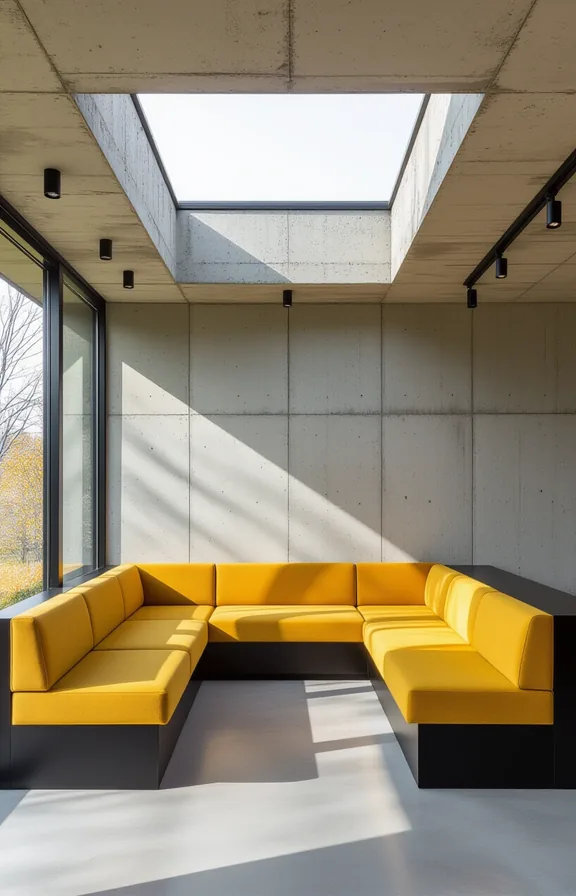 Medium shot sunken seating area with mustard upholstered