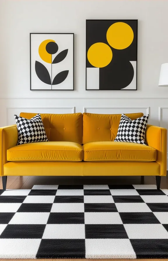 Medium shot black and white checkerboard rug under