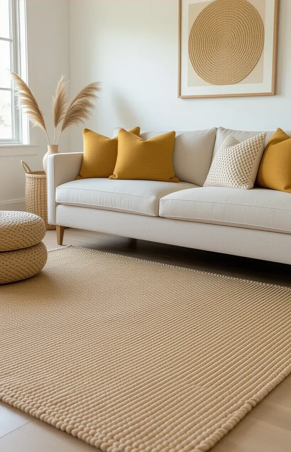 Medium shot layered jute rug under mustard wool