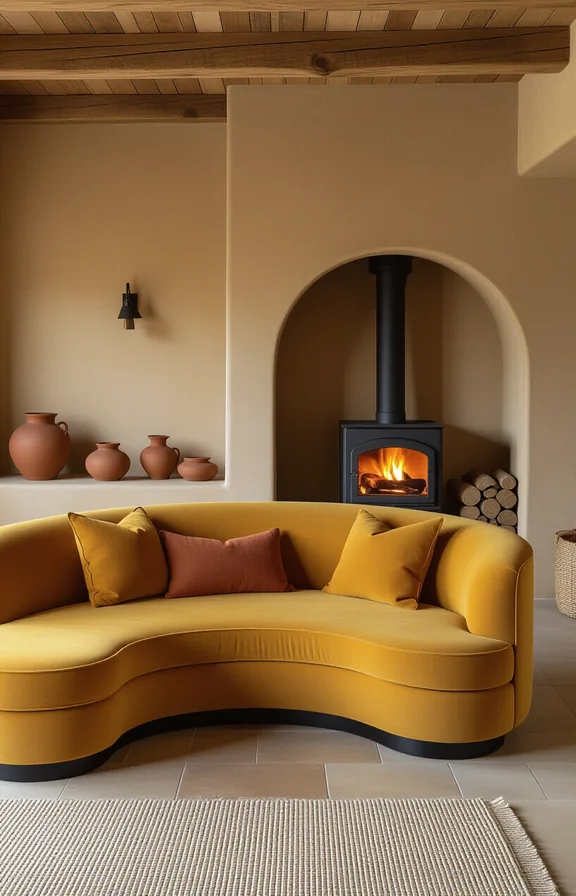 Medium shot curved mustard sofa against clay plaster
