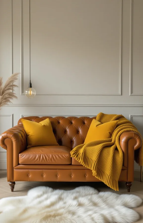 Medium shot cognac leather sofa with mustard wool