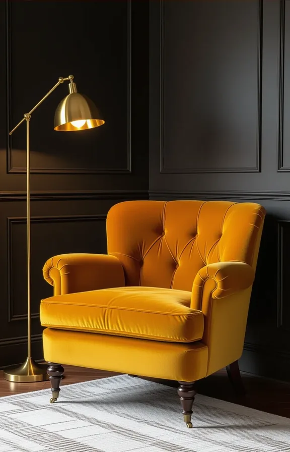 Medium shot deep mustard velvet armchair dark corner