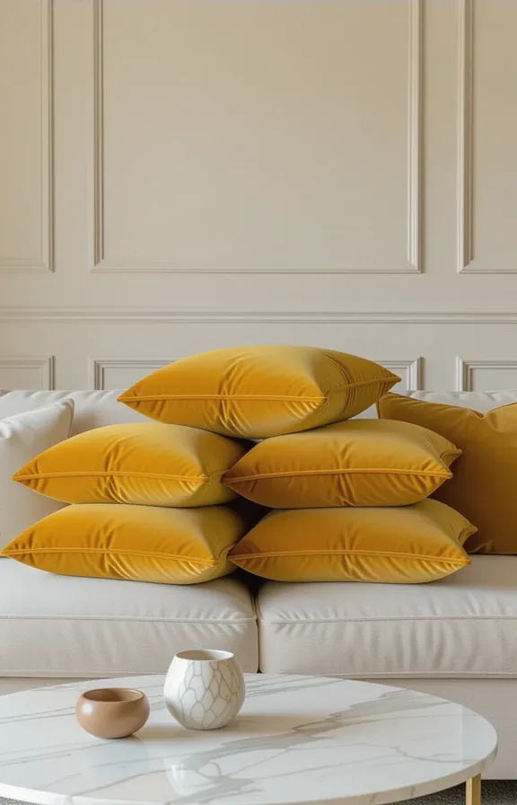 Medium shot pile mustard fluted velvet cushions neutral