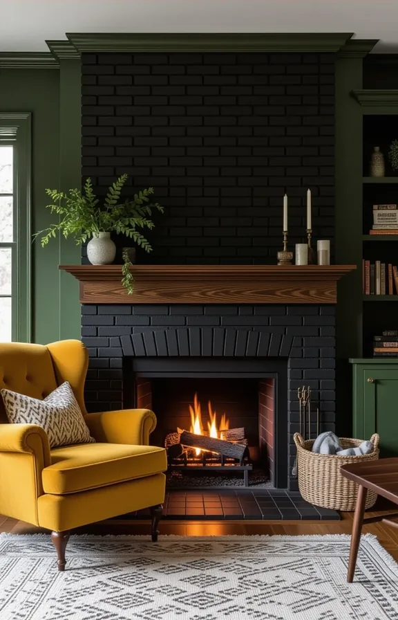 Medium shot charcoal brick fireplace with mustard armchair