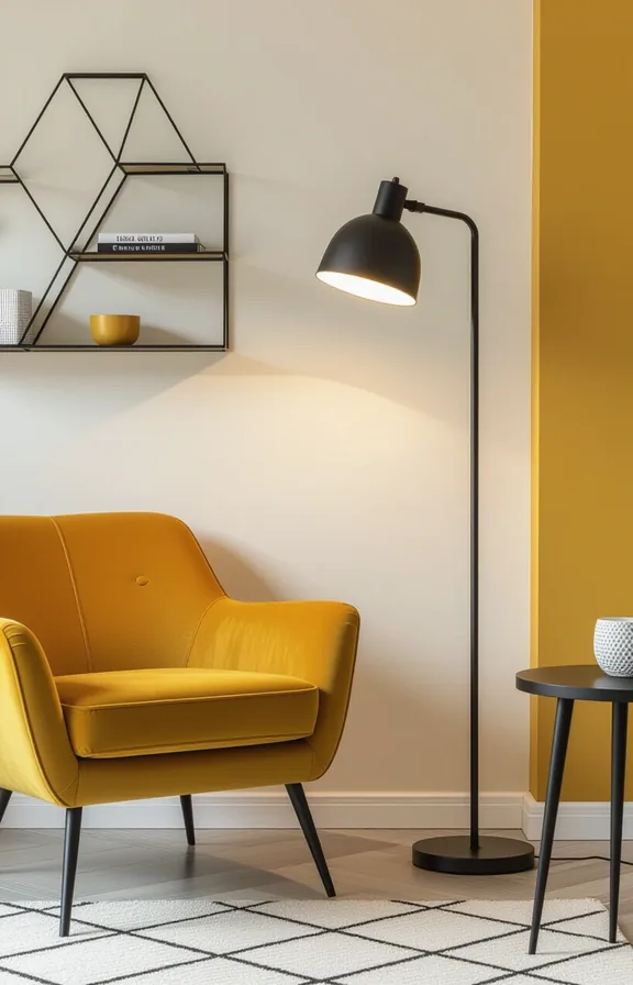 Medium shot matte black floor lamp next mustard
